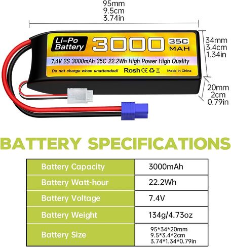sea jump 2S Lipo Battery 7.4V 3000mAh 35C with EC3 Plug and USB Charging Cable Suitable for RC Car Truck Boat, RC Quadcopter Aircraft, FPV Drone Battery in Saudi Arabia