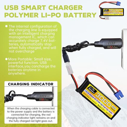 sea jump 2S Lipo Battery 7.4V 3000mAh 35C with EC3 Plug and USB Charging Cable Suitable for RC Car Truck Boat, RC Quadcopter Aircraft, FPV Drone Battery in Saudi Arabia