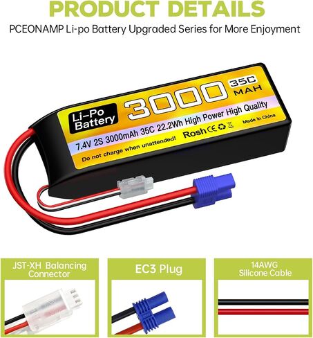 sea jump 2S Lipo Battery 7.4V 3000mAh 35C with EC3 Plug and USB Charging Cable Suitable for RC Car Truck Boat, RC Quadcopter Aircraft, FPV Drone Battery in Saudi Arabia