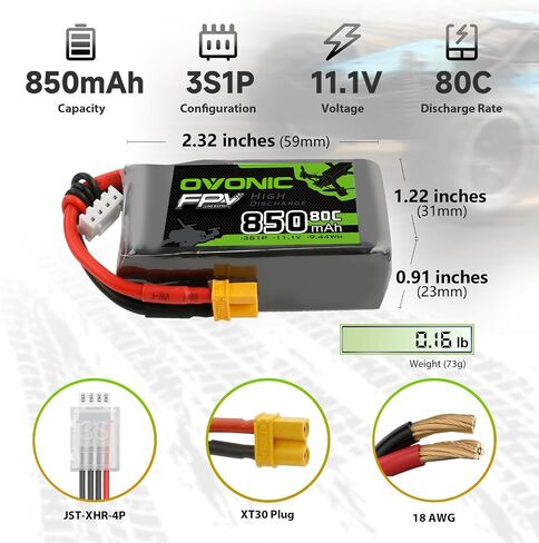 بطارية Lipo Ovonic 850mAh 80C 11.1V 3S RC بطارية مع موصل XT30 لـ RC Plane DJI Quadcopter RC Airplane RC Helicopter RC Car Boat 2PCS in Kuwait