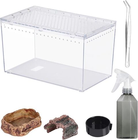 الزواحف PC Terrarium 10.2 "x 5.9" × 5.7 "عرض الكامل من الزواحف أسماك حوض أسماك طقم لمصنع الحشرات Gecko Spider Habitat Protait مع إخفاء وعاء تغذية الكهف in Kuwait