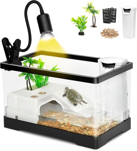 مجموعة أدوات خزان سلحفاة صغيرة AZV ، PC starter Aquarium Indoor ، Red Earder Slider Aquatic for Baby Tortoise ، Fishes and Protsibians ، تشمل منصة التشمس*1 ، مرشح*1 ، لوحات المرشح*2 ، النباتات*2 ، المصباح*1 ، لمبة*1 ، الحجر*1 ، in Kuwait