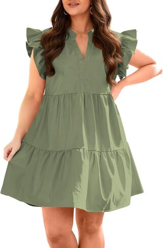 Fisoew Plus Size Dresses for Women Summer Ruffle Short Sleeve V Neck Dress Tiered Swing A Line Babydoll Mini Dress in Kuwait