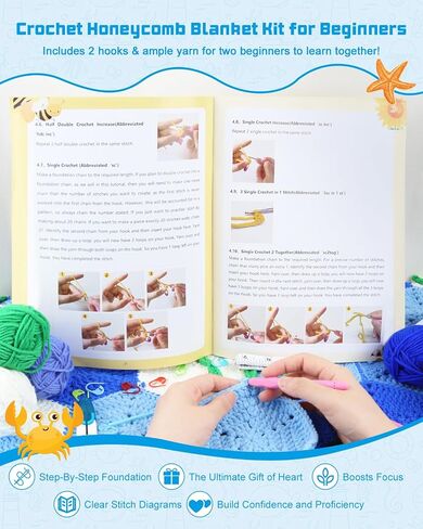 Arborthread Honeycomb بطانية الكروشيه مجموعة للمبتدئين ، مجموعة أدوات الجدة المربعات مع أدوات الفيديو مع البالغين والبالغين ، أنماط صديقة للطفل in Kuwait