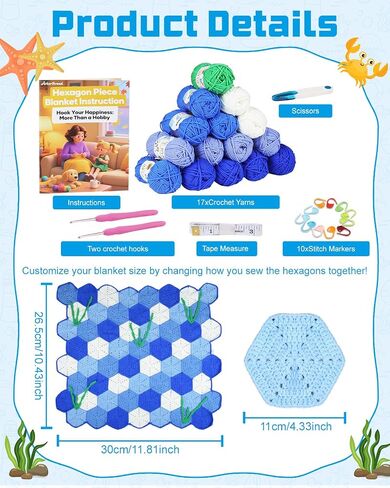 Arborthread Honeycomb بطانية الكروشيه مجموعة للمبتدئين ، مجموعة أدوات الجدة المربعات مع أدوات الفيديو مع البالغين والبالغين ، أنماط صديقة للطفل in Kuwait