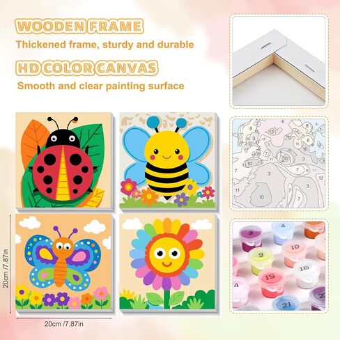 Tostog 4 Pack Paint حسب الرقم للأطفال ذوي الإطار الخشبي ، الطلاء الفراشة DIY بأرقام للأطفال الذين تتراوح أعمارهم بين 8 و 12 عامًا ، مجموعات الطلاء الزيتية الأكريليك سهلة الرقم للهدية جدار المنزل ديكور 8in × 8in in Kuwait