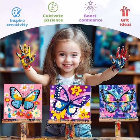 Tostog 4 Pack Paint حسب الرقم للأطفال ذوي الإطار الخشبي ، الطلاء الفراشة DIY بأرقام للأطفال الذين تتراوح أعمارهم بين 8 و 12 عامًا ، مجموعات الطلاء الزيتية الأكريليك سهلة الرقم للهدية جدار المنزل ديكور 8in × 8in in Kuwait