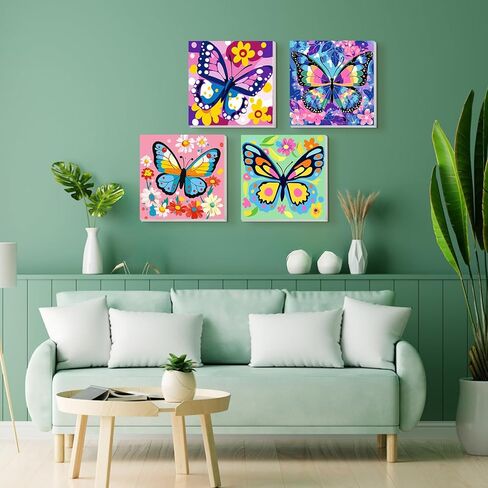 Tostog 4 Pack Paint حسب الرقم للأطفال ذوي الإطار الخشبي ، الطلاء الفراشة DIY بأرقام للأطفال الذين تتراوح أعمارهم بين 8 و 12 عامًا ، مجموعات الطلاء الزيتية الأكريليك سهلة الرقم للهدية جدار المنزل ديكور 8in × 8in in Kuwait