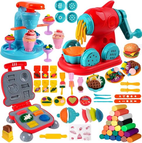 3-in-1 Color Dough Kitchen Creations Set for Kids Aged 3-8, 24 Colors Dough Playset with Ice Cream/Noodle/Hamburger Makers, Food Modeling Art Crafts Pretend Play Toys for Boys Girls in Saudi Arabia