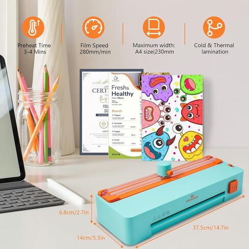 Mecolour Thermal Laminator Machine ، A4 Machine Machine سريع لمدة 3 دقائق ، مثالية للمعلمين أو المكاتب الصغيرة أو الأعمال أو المنزل ، 110 فولت in Kuwait