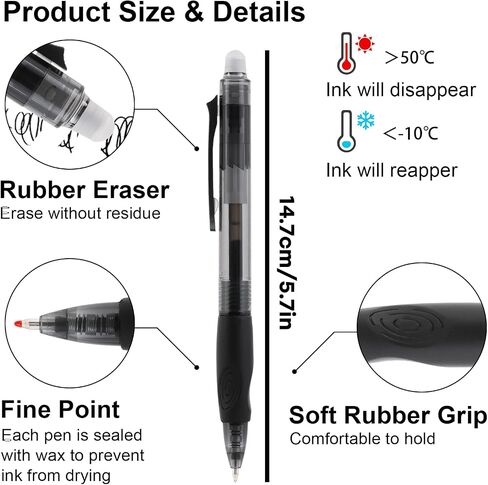 USUAL Retractable Erasable Pens 12 Pack Erasable Colored Pens 0.5mm Erasable Gel Pens Black Make Mistakes Disappear Smooth Writing Pen Office Back-to-School Supplies in Kuwait