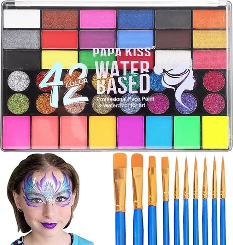 42 Color Face Painting Kit for Kids, Water Activated Face Paint Kit, Safe for Sensitive Skin Easy to Use, With Stencils & Brushes, Facepaint Makeup Kit for Parties, Birthdays, Halloween in Saudi Arabia