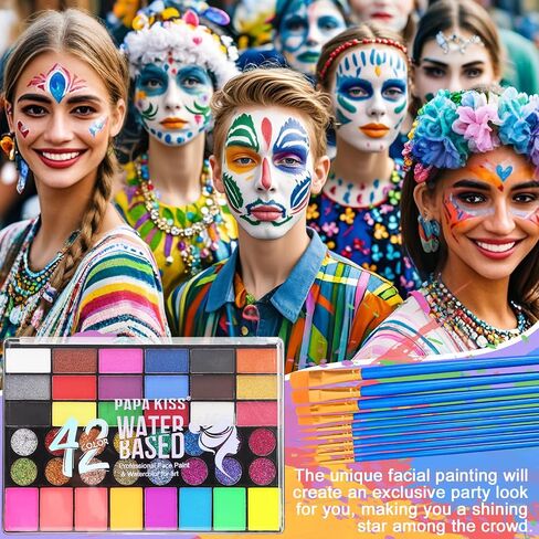 42 Color Face Painting Kit for Kids, Water Activated Face Paint Kit, Safe for Sensitive Skin Easy to Use, With Stencils & Brushes, Facepaint Makeup Kit for Parties, Birthdays, Halloween in Saudi Arabia