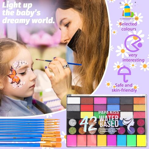 42 Color Face Painting Kit for Kids, Water Activated Face Paint Kit, Safe for Sensitive Skin Easy to Use, With Stencils & Brushes, Facepaint Makeup Kit for Parties, Birthdays, Halloween in Saudi Arabia