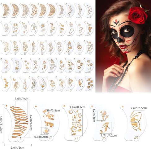 50 PCS Face Paint Stency ، قوالب فنون للوجه القابلة لإعادة الاستخدام للجسم لجميع القديسين ، مكياج الحفلات وفن الوشم المؤقت in Saudi Arabia