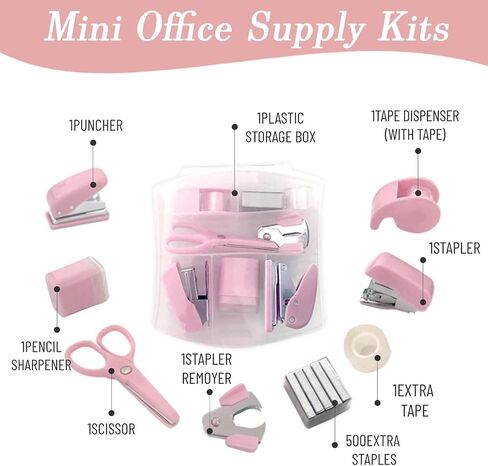 8 Pack Mini Office Supply Kit Portable مع مقص ، مجموعة موزع الشريط ، Punch ، Sharpener قلم رصاص ، Stapler Mini مع Staples ومزيل Staple (Pink) in Kuwait