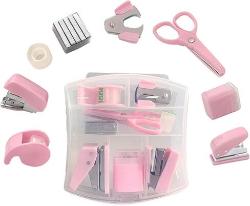 8 Pack Mini Office Supply Kit Portable مع مقص ، مجموعة موزع الشريط ، Punch ، Sharpener قلم رصاص ، Stapler Mini مع Staples ومزيل Staple (Pink) in Kuwait