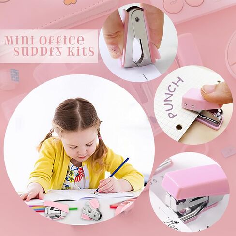 8 Pack Mini Office Supply Kit Portable مع مقص ، مجموعة موزع الشريط ، Punch ، Sharpener قلم رصاص ، Stapler Mini مع Staples ومزيل Staple (Pink) in Kuwait