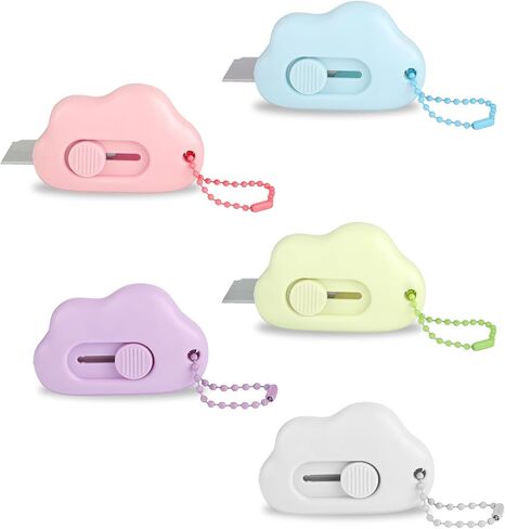 5 Pcs Cloud Shaped Retractable Box Cutter Set, Envelope Opener With Key Rings Stainless Steel Blade, Portable Cute Box Cutter Package Opener for Office Home School Stationery Diy Crafts in Saudi Arabia