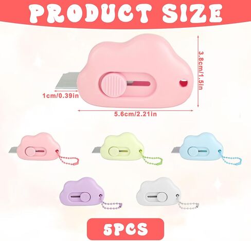 5 Pcs Cloud Shaped Retractable Box Cutter Set, Envelope Opener With Key Rings Stainless Steel Blade, Portable Cute Box Cutter Package Opener for Office Home School Stationery Diy Crafts in Saudi Arabia