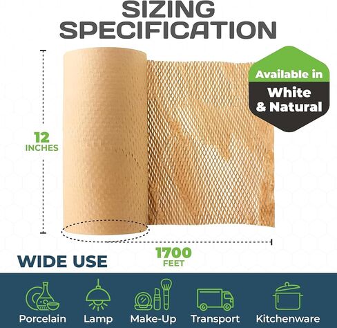 Hexafil Honeycomb Packing Paper - حشو ملائم للبيئة ومستدامة للشحن والمتحرك ، مواد التعبئة المبطنة في صندوق الموزع ، بديل لـ Bubble Wrap - Natural ، 12 "× 1700" in Kuwait