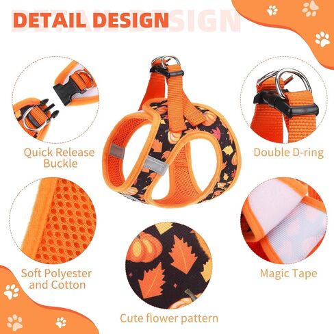 KOOLTAIL Fall Dog Harness and Leash Set for Small Medium Dogs, Thanksgiving Step in No Pull Comfort Padded Pet Vest, Adjustable Reflective Easy Walking Puppy Cats Harness Training, Leaf & Pumpkin S in Saudi Arabia