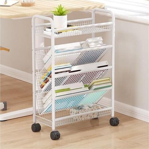 Multi-Layer Rolling Book Shelf Rack - Metal Storage Cart for Office & Home - Creative Magazine Organizer - White, 16.7"x7.5"x30.7" - Space-Saving Solution in Saudi Arabia