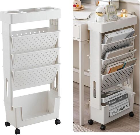 وحدة رف الكتب ذات الطبقات ذات الطبقات 5 مع رف المجلات و CART CART WHITE متعددة الأغراض مع عجلات للمنزل أو المكتب (أبيض) in Kuwait