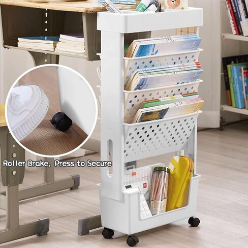 وحدة رف الكتب ذات الطبقات ذات الطبقات 5 مع رف المجلات و CART CART WHITE متعددة الأغراض مع عجلات للمنزل أو المكتب (أبيض) in Kuwait