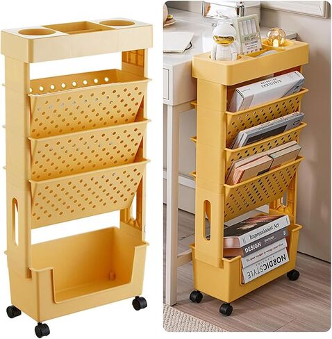وحدة رف الكتب ذات الطبقات ذات الطبقات 5 مع رف المجلات و CART CART WHITE متعددة الأغراض مع عجلات للمنزل أو المكتب (أبيض) in Kuwait