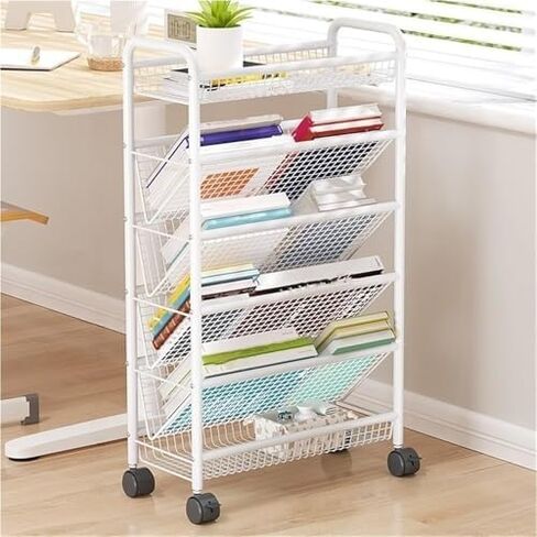 Multi-Layer Rolling Book Shelf Rack - Metal Storage Cart for Office & Home - Creative Magazine Organizer - White, 16.7"x7.5"x30.7" - Space-Saving Solution in Saudi Arabia