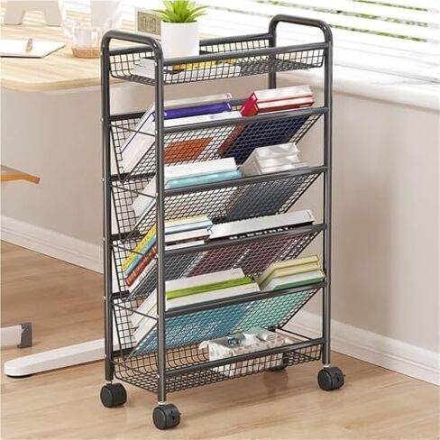 Multi-Layer Rolling Book Shelf Rack - Metal Storage Cart for Office & Home - Creative Magazine Organizer - White, 16.7"x7.5"x30.7" - Space-Saving Solution in Saudi Arabia