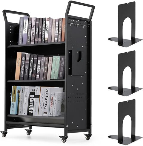Book Cart with Wheels, 352LBS Rolling Bookshelf Utility Cart with V-Shaped Shelves,Hooks, Stands, Unilateral Placement, Single Sided Office Library Truck for Home School, 48.4''×31.5''×14.2'' in Saudi Arabia