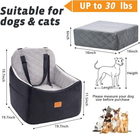 Elevated Dog Car Booster Seat for Small Medium Dogs, Travel-Safe Pet Bed with Memory Foam & Washable Cover, Portable with Safety Tether & Storage Pocket for Car, Truck, SUV in Saudi Arabia