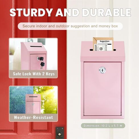 Metal Donation Money Cash Drop Box with Lock and Slot Suggestion Box Wall Mounted Ballot Container Mailbox Delivery for Home Office (Pink, 10.24″ x 5.71″ x 2.95″) in Saudi Arabia