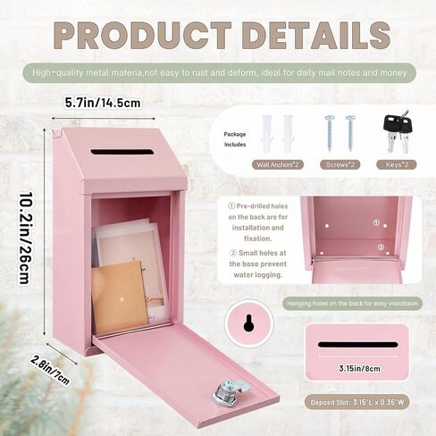 Metal Donation Money Cash Drop Box with Lock and Slot Suggestion Box Wall Mounted Ballot Container Mailbox Delivery for Home Office (Pink, 10.24″ x 5.71″ x 2.95″) in Saudi Arabia
