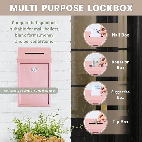 Metal Donation Money Cash Drop Box with Lock and Slot Suggestion Box Wall Mounted Ballot Container Mailbox Delivery for Home Office (Pink, 10.24″ x 5.71″ x 2.95″) in Saudi Arabia