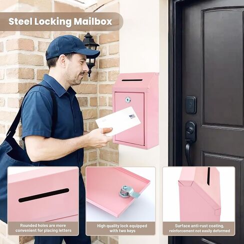 Metal Donation Money Cash Drop Box with Lock and Slot Suggestion Box Wall Mounted Ballot Container Mailbox Delivery for Home Office (Pink, 10.24″ x 5.71″ x 2.95″) in Saudi Arabia