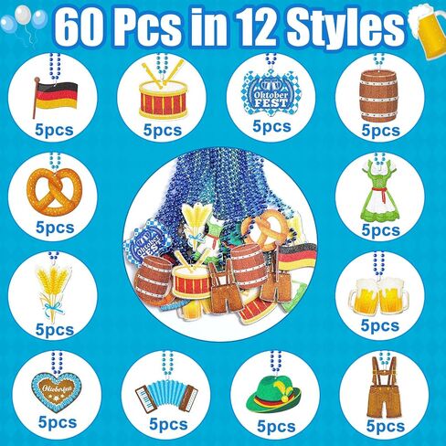 Sasylvia 60 PCS Oktoberfest Bead Netclaces Bulk Perk Beer Netclaces Bavarian German Party Necklace Netclace Netclace Metallic Blue Oktoberfest Netclace for Oktoberfest Party Fivors ، 12 Styles in Saudi Arabia