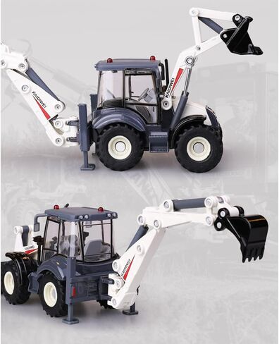 1/50 Die-Cast Metal Excavator Backhoe Front Loader Truck – Engineering Construction Tractor Model, Bulldozer Backhoe Vehicle Toy, Gift for Kids or Collectors (White) in Saudi Arabia
