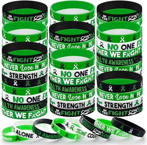 100 Pieces Mental Health Awareness Bracelet Green Ribbon Silicone Bracelets with Faith Courage Hope Strength Mental Health Awareness Month Gifts for Women Men Party Favors Stocking Stuffers (Green) in Saudi Arabia