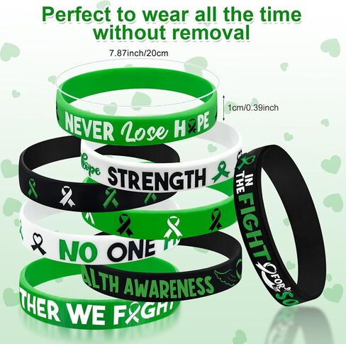 100 Pieces Mental Health Awareness Bracelet Green Ribbon Silicone Bracelets with Faith Courage Hope Strength Mental Health Awareness Month Gifts for Women Men Party Favors Stocking Stuffers (Green) in Saudi Arabia