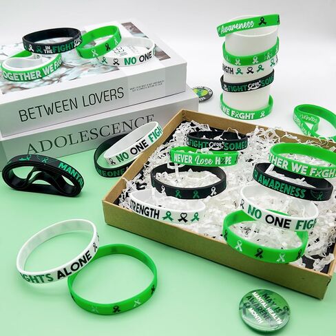 100 Pieces Mental Health Awareness Bracelet Green Ribbon Silicone Bracelets with Faith Courage Hope Strength Mental Health Awareness Month Gifts for Women Men Party Favors Stocking Stuffers (Green) in Saudi Arabia