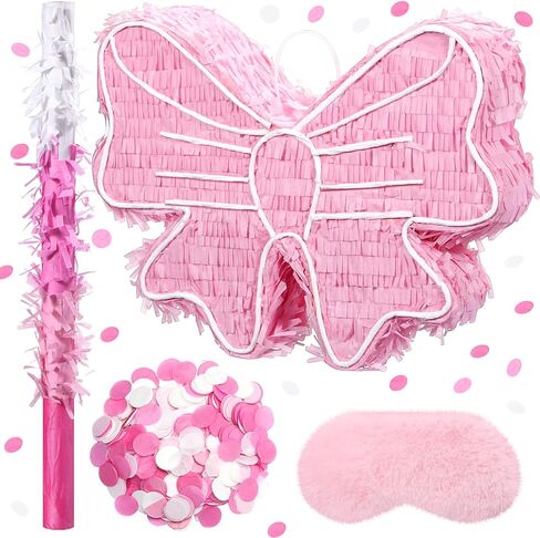 16 Inch Pink Bow Piñata with Blindfold Bat Stick and Confetti Coquette Party Supplies Bow Princess Birthday Party Decorations, Small Size in Saudi Arabia
