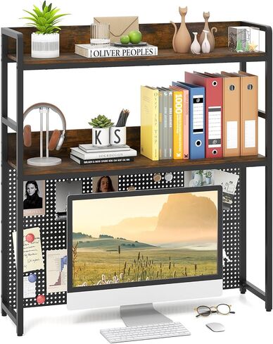 Giantex Desktop Bookshelf, 2-Tier Desk Hutch Dorm with Pegboard for up to 32" Computer Monitor, Industrial Countertop Storage Organizer Rack, Desk Shelf for Home Office, Rustic Brown in Saudi Arabia