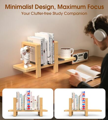 Small Bookend-Type Desktop Bookshelf – Adjustable Organizer with Loose-Fit Joints | Reversible Desk Shelf for Home, Classroom, Dorm | Vintage, Rustic, Lightweight Carbonzied Paulownia Solid Wood in Saudi Arabia