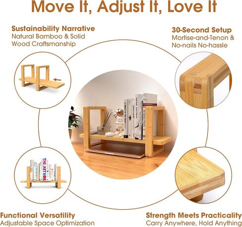 Small Bookend-Type Desktop Bookshelf – Adjustable Organizer with Loose-Fit Joints | Reversible Desk Shelf for Home, Classroom, Dorm | Vintage, Rustic, Lightweight Carbonzied Paulownia Solid Wood in Saudi Arabia