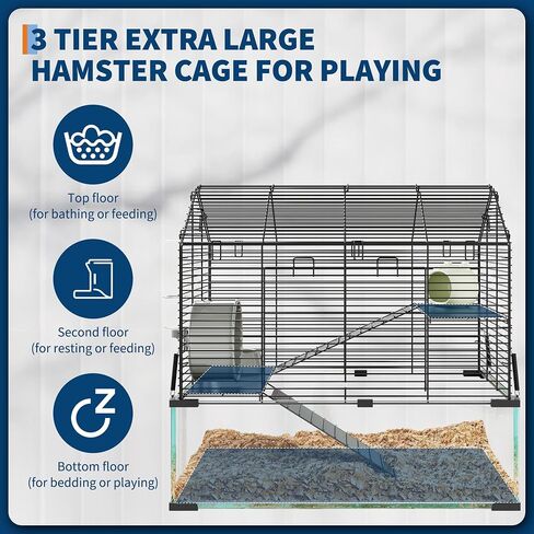 3 Tiers Large Hamster Cages, Metal Guinea Pig Cages Habitat with 4pcs Hamster Cages Accessories, Transparent Small Animal Habitat for Rodent, Guinea Pigs,Chinchilla, Amster, Hedgehog-Metal and Glass in Kuwait