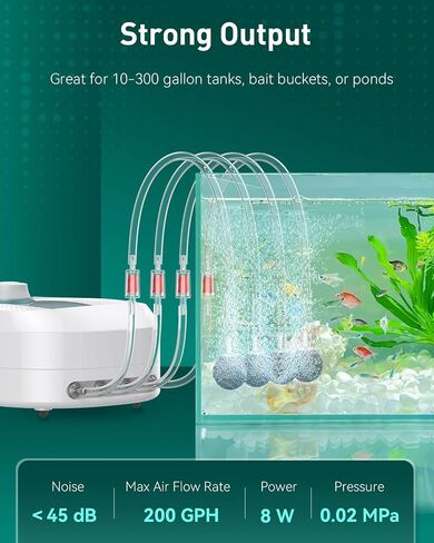 Pawfly 200 GPH Aquarium Air Pump ، Aerator Aerator Aerator Aerator Tank Fish لـ 10-300 جالون الدلاء والبرك ، فقاعات الأكسجين الهادئة مع طيران أنابيب هواء تحقق من أكواب الشفط ، 8W in Saudi Arabia