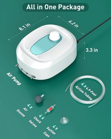Pawfly 200 GPH Aquarium Air Pump ، Aerator Aerator Aerator Aerator Tank Fish لـ 10-300 جالون الدلاء والبرك ، فقاعات الأكسجين الهادئة مع طيران أنابيب هواء تحقق من أكواب الشفط ، 8W in Saudi Arabia